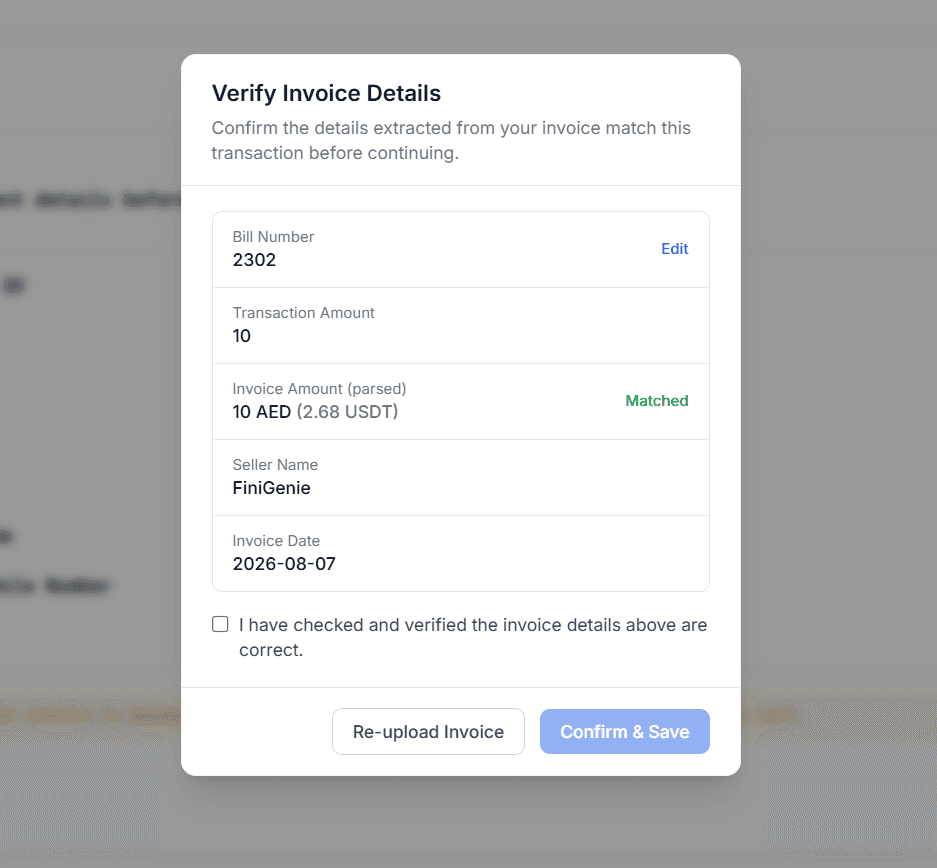 Verify Invoice Details confirmation screen matching bill number, transaction amount, and invoice details