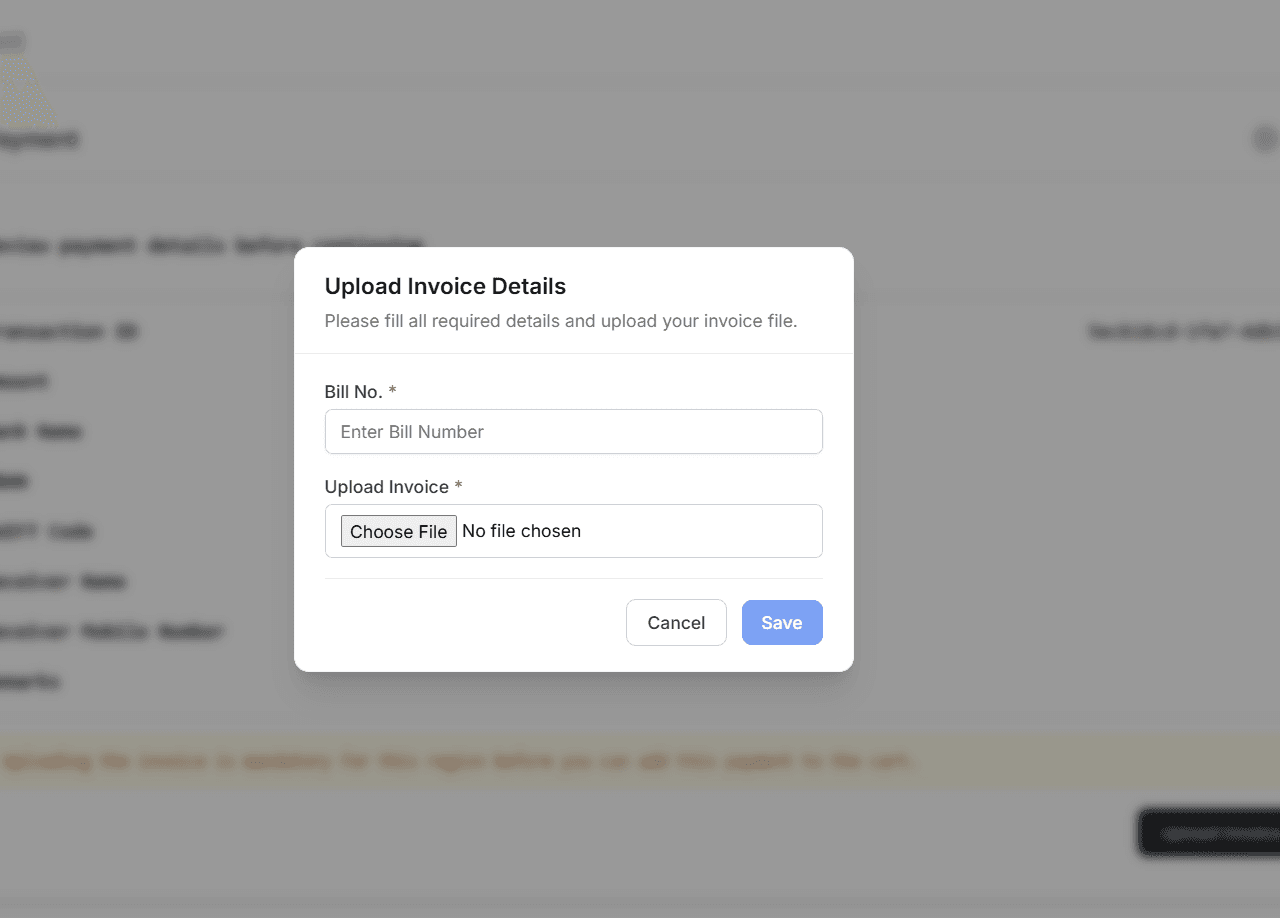 Upload Invoice Details form with bill number field and file upload control