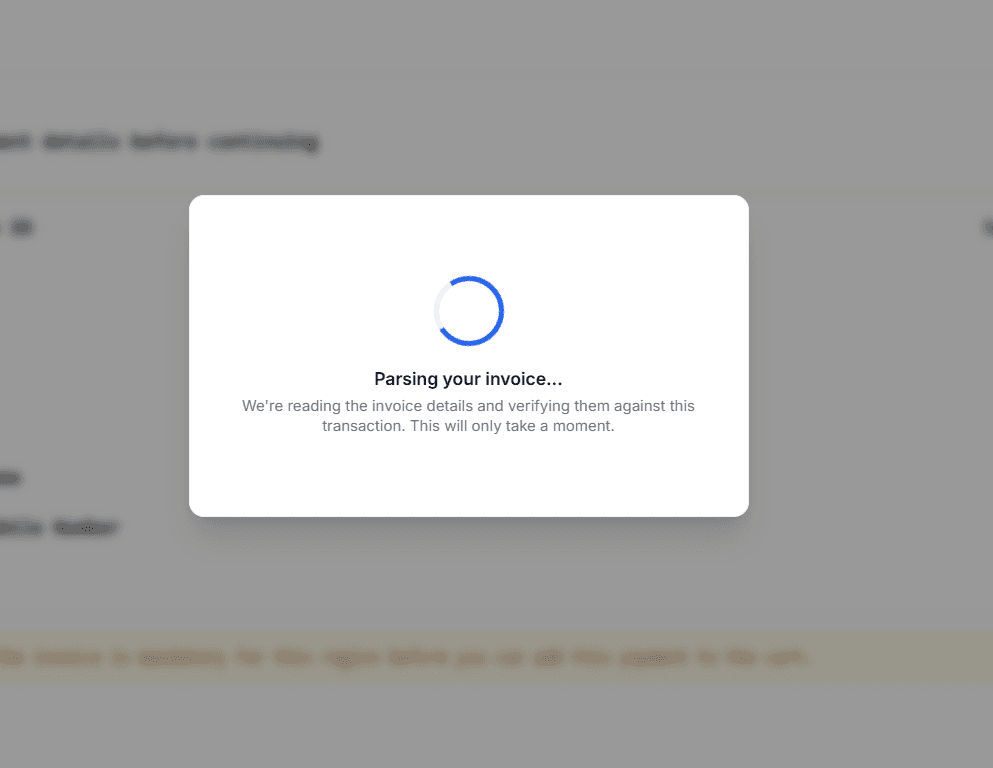 Loading state showing Finigenie parsing and verifying an uploaded invoice
