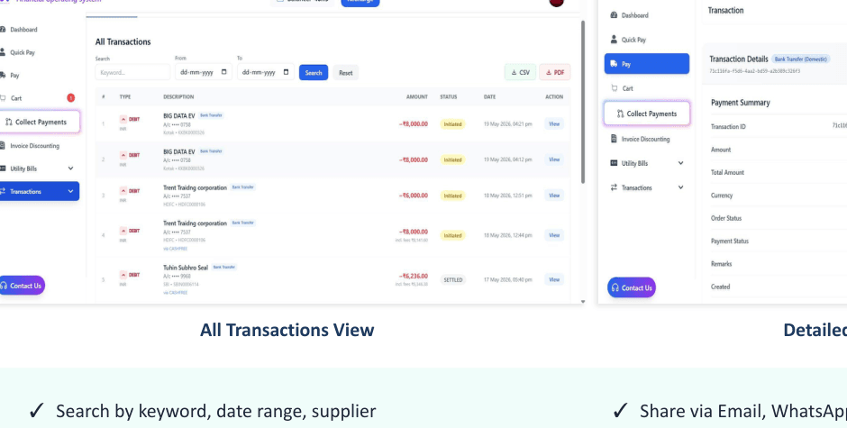 Finigenie transaction list and detailed receipt with UTR
