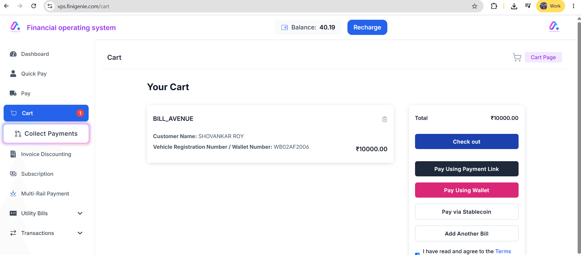 Finigenie card payment screen