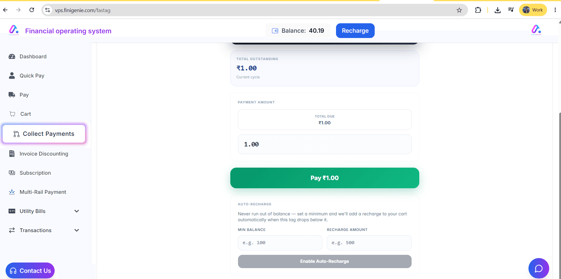 Finigenie instant payment screen
